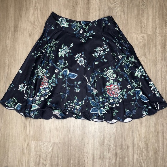 Context Women's Navy Blue Multi Bird/Floral Print Scallop Hem A-line Skirt sz 8 - Picture 1 of 2